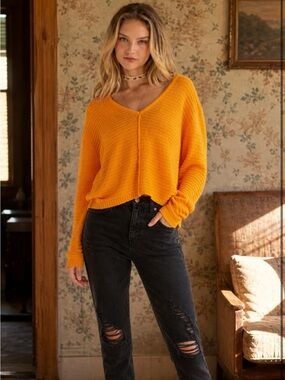 294 • Pumpkin Orange Cropped V Neck Dropped Shoulder Sweater